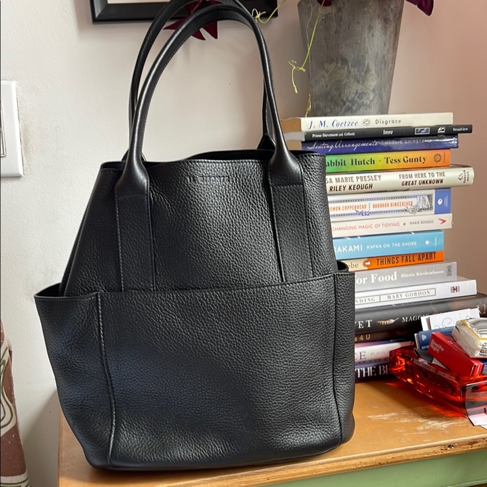 Black Textured Leather Tote Bag with Sturdy Handles